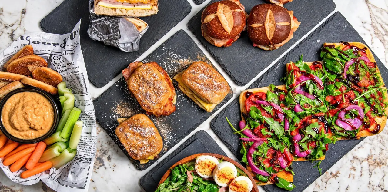 An overhead spread of the kitchen: flatbreads, sandwiches and salad on slate boards