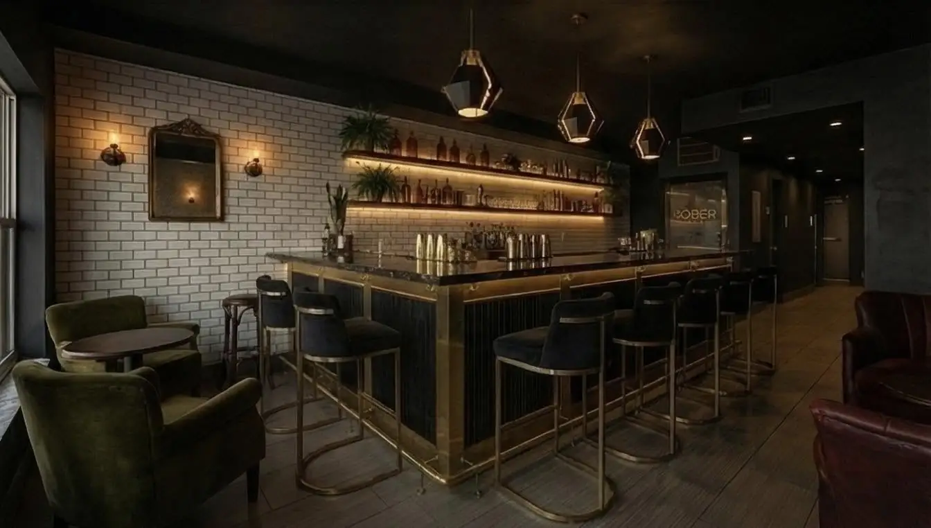 The bar room at Sober Bar: subway tile, brass shelves and stools